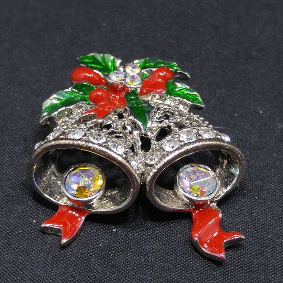 Christmas Bell Poinsettia Brooch, Red Green Enamel, 1960s Vintage Jewelry - Picture 10 of 10